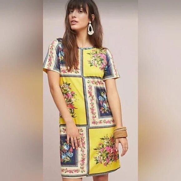 Farm Rio Anthropologie Yellow Patchwork Spring Summer Dress With Flowers Small - Picture 1 of 7